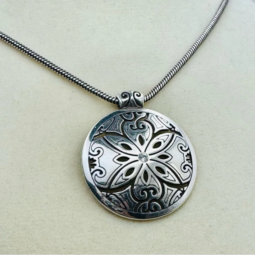 Retired Brighton Florencia Crystal Silver Filigree Disc Pendant Necklace